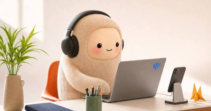 Muse character wearing headphones and working at a laptop