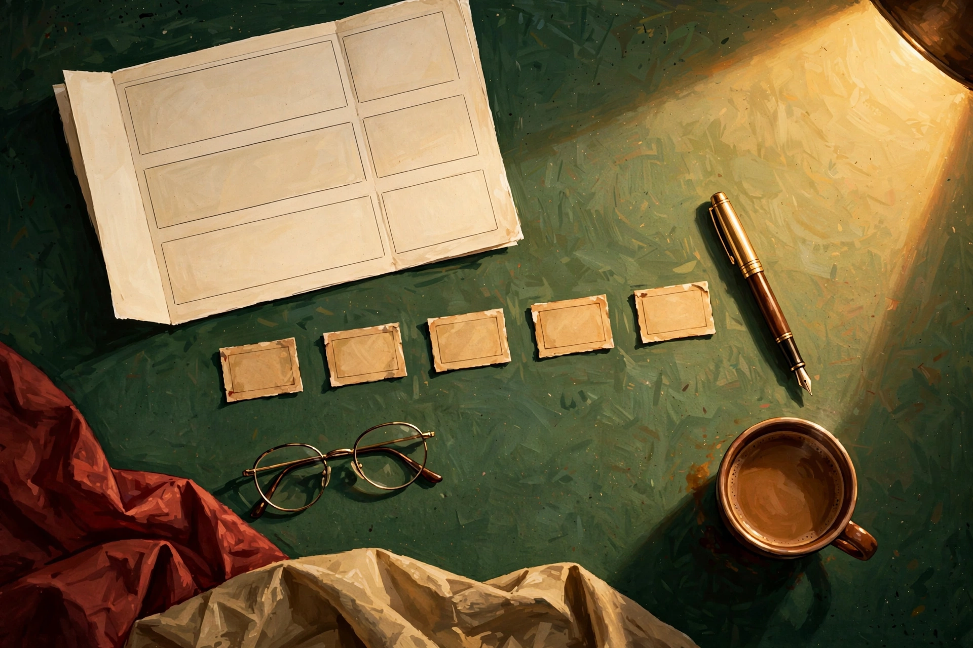 A screenwriter's desk: script pages, index cards, and a fountain pen